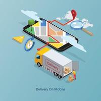 Online delivery on mobile with road and navigation, Smart logistics, Online order. Truck, warehouse and parcel box. website, banner. Isometric Vector illustration