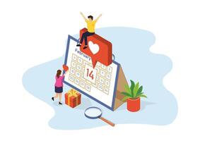 Valentines Day Calendar Sign isometric view concept. A composition with male, female characters with presents. Calendar showing 14th of February vector