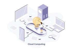 nube informática moderno plano diseño isométrica concepto. incluso servidores, almacenamiento, bases de datos, conexión tecnología. ilustrador vector. vector