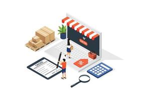 Online shopping with laptop, online store discount, paper bags parcel box. Isometric vector. vector