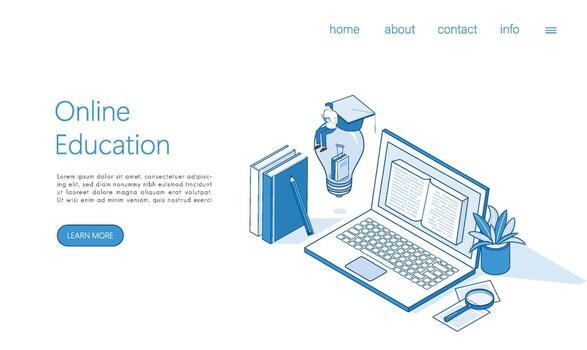 aterrizaje página modelo en línea educación, mi aprendizaje y adulto cursos concepto. idioma distancia escuela. moderno 3d para web sitio, bandera diseño, vídeo tutorial, modelo. isométrica vector. vector