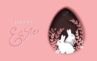 Happy easter greeting card template. paper cut illustration of easter rabbits, grass, flowers and egg shape. vector