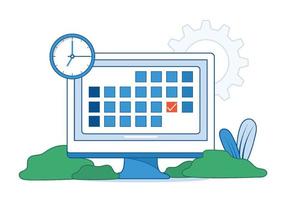 calendario planificación ilustración. planificación trabajo tareas, relleno cheque lista, haciendo calendario utilizando calendario. negocio y organización concepto. vector ilustración.