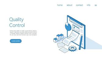 Landing page quality control and standardization of manufactured products. Isometric vector. vector