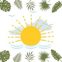 Summer banner with tropical leaves, sun and waves. Colorful Vector