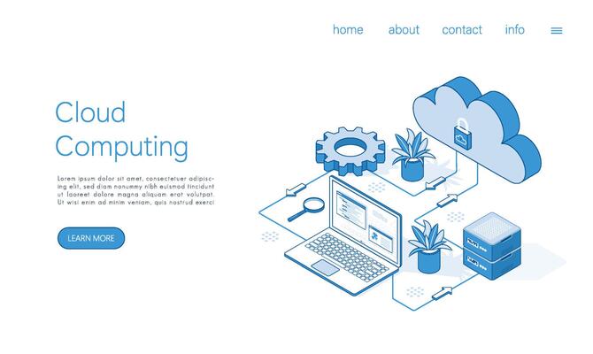 Landing page template cloud computing concept. Including Servers, Storage, Databases, Connection Technology. Isometric vector.