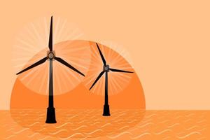 viento turbina granja en mar a puesta de sol. viento energía y renovable recurso. plano vector ilustración