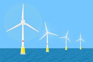 Wind turbines farm on sea. Wind energy and Renewable resource. Flat vector illustration