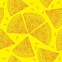 Pattern with orange quarters slice on yellow background. Outline citrus illustration vector