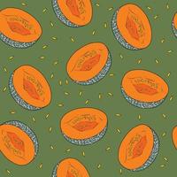 Pattern with melon halves and seeds on green background vector
