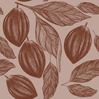 Pattern with cocoa pods and leaves drawing with pencil vector