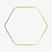 Gold glowing rounded hexagon frame isolated on background. Shiny frame with glowing effects. Vector illustration.