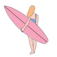 Continuous line drawing of a surfer girl with a surfboard, One line drawing of a surfer girl. Vector illustration