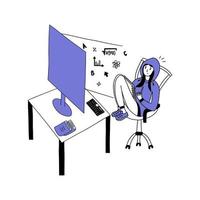 Girl student sits in front of computer and studies. Vector