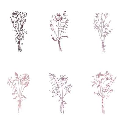 Botanical drawing. Minimal plant logo, meadow greenery, leaves and flowers abstract sketch collection, linear rustic branch. Vector hand drawn wedding invitation bouquet decoration set.