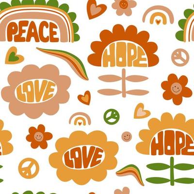 Groovy floral pattern. Retro 70s seamless vector background with vintage daisy flowers. Psychedelic vintage print with rainbow, smiling faces. Fun hippy texture for surface design. Love, hope, peace