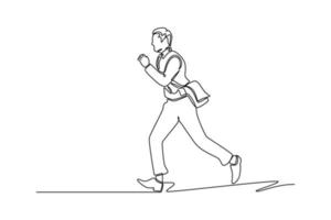 Continuous one line drawing businessman running in a hurry to go to the office. Business activities concept. Single line draw design vector graphic illustration.