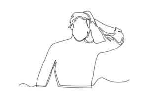 Single one line drawing man drying his hair with towel . Bathroom activities concept. Continuous line draw design graphic vector illustration.