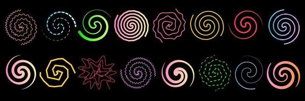 Set of abstract multicolored twirls and spirals. Vector illustration of lines twisted in circle. Drawing of signs of round swirls and wavy whirls.