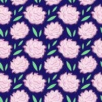 Floral seamless pattern. Vector illustration of pink peonies and roses with green leaves. Dark background with plant elements.