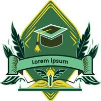 A green and yellow logo with a graduation cap and ribbon vector