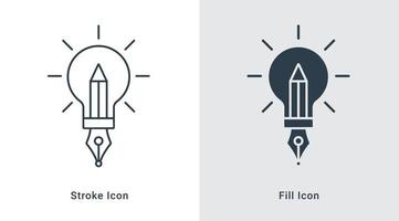 Light bulb with pen idea icon line art and fill vector