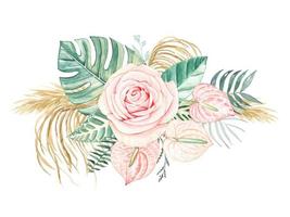Anthurium flowers,rose, tropical leaves ,dried flowers. Hand drawn watercolor tropical bouquet vector