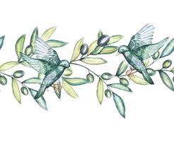 Seamless watercolor pattern with olive branches and starlings vector