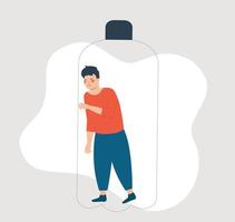 Sad man locked inside a bottle. Influence of drug addiction on mental health. Prisoner person suffers from Inequality. Concept of restrictions on human rights or freedoms in society. vector