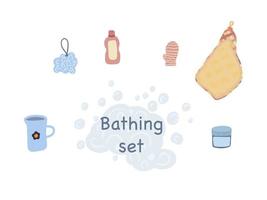 Bathing set with towel sponge bubbles and creams vector