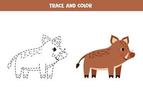 Trace and color cartoon brown boar. Worksheet for children. vector