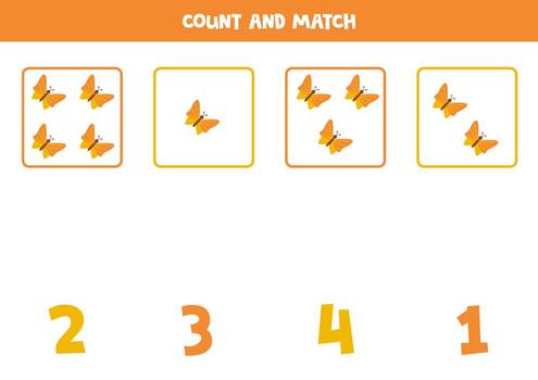Counting game for kids. Count all butterflies and match with numbers. Worksheet for children. vector