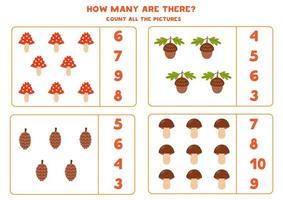 Counting game with cute forest elements. Educational worksheet. vector