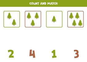 Counting game for kids. Count all green fir trees and match with numbers. Worksheet for children. vector