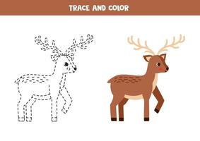 Trace and color cartoon brown deer. Worksheet for children. vector