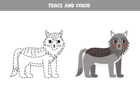 Trace and color cartoon wolf. Worksheet for children. vector