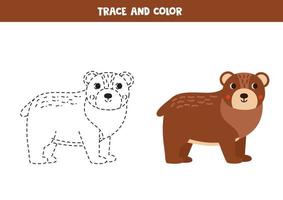 Trace and color cartoon brown bear. Worksheet for children. vector
