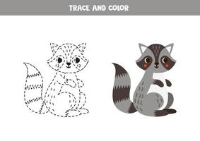 Trace and color cartoon gray raccoon. Worksheet for children. vector