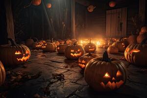 spooky halloween pumpkin, Jack O Lantern, with an evil face and eyes on a wooden bench, table with a misty night background with space for product placement. . photo