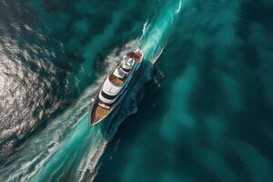 View from above, stunning aerial view of the Cala di volpe bay with a green coastline, white sand beaches and luxury yachts sailing on a turquoise water. photo