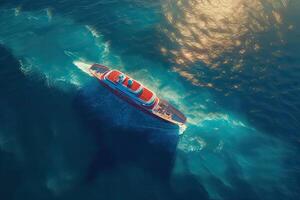 ver desde arriba, maravilloso aéreo ver de el cala di Volpe bahía con un verde línea costera, blanco arena playas y lujo yates navegación en un turquesa agua. generativo ai foto