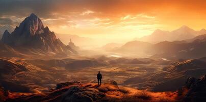 deportivo hombre en el montaña pico mirando en montaña Valle con rayos de sol a vistoso puesta de sol en otoño. paisaje viajero, brumoso sierras, bosque en caer, increíble cielo y luz de sol en caer. generativo ai foto