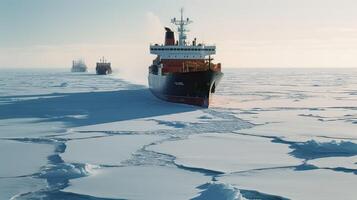 Icebreaker ship on the ice in the sea. photo