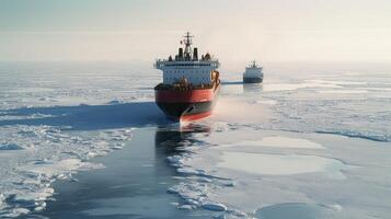 Icebreaker ship on the ice in the sea. photo