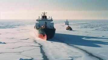 Icebreaker ship on the ice in the sea. photo