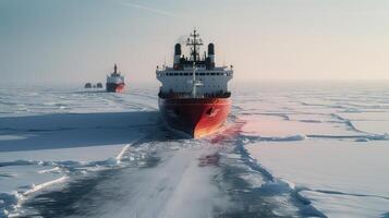 Icebreaker ship on the ice in the sea. photo