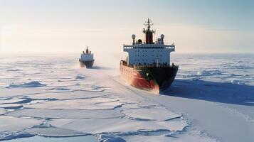 Icebreaker ship on the ice in the sea. photo