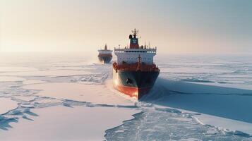 Icebreaker ship on the ice in the sea. photo