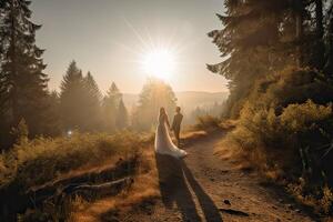 Wedding silhouette couple posing on sunset in beautiful forest at wedding day. Bride and groom in love. Non-existent person. . photo