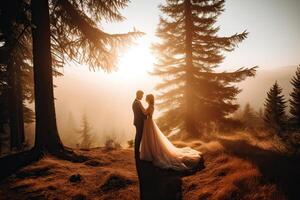 Wedding silhouette couple posing on sunset in beautiful forest at wedding day. Bride and groom in love. Non-existent person. . photo